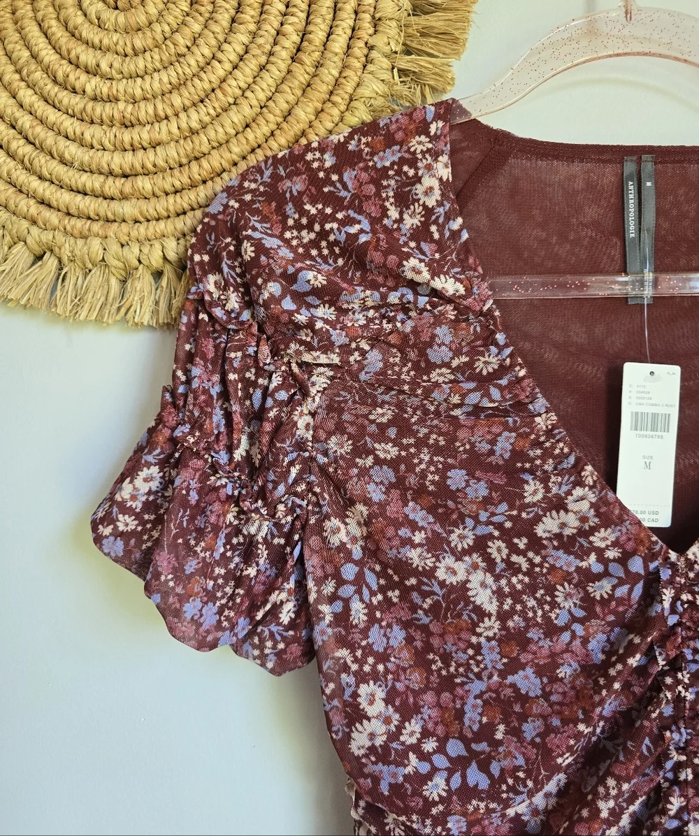 Anthropologie NEW Aurelia Ruched Shirred Red Ditsy Floral Mesh Top SZ Medium Y2K